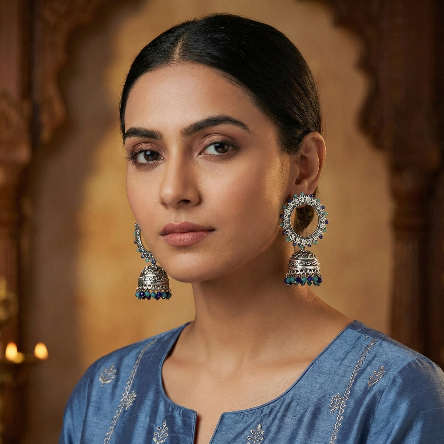 Endearing Earrings with Jhoomer in Indigo Blue & Green