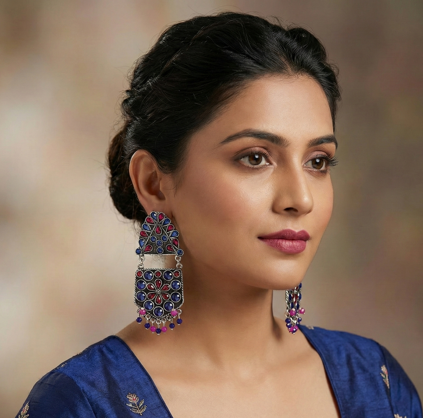 The Flower Pearl Afghani earing in Blue & Magenta