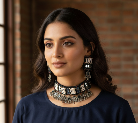 The Knobby Cowrie Choker Set in Black