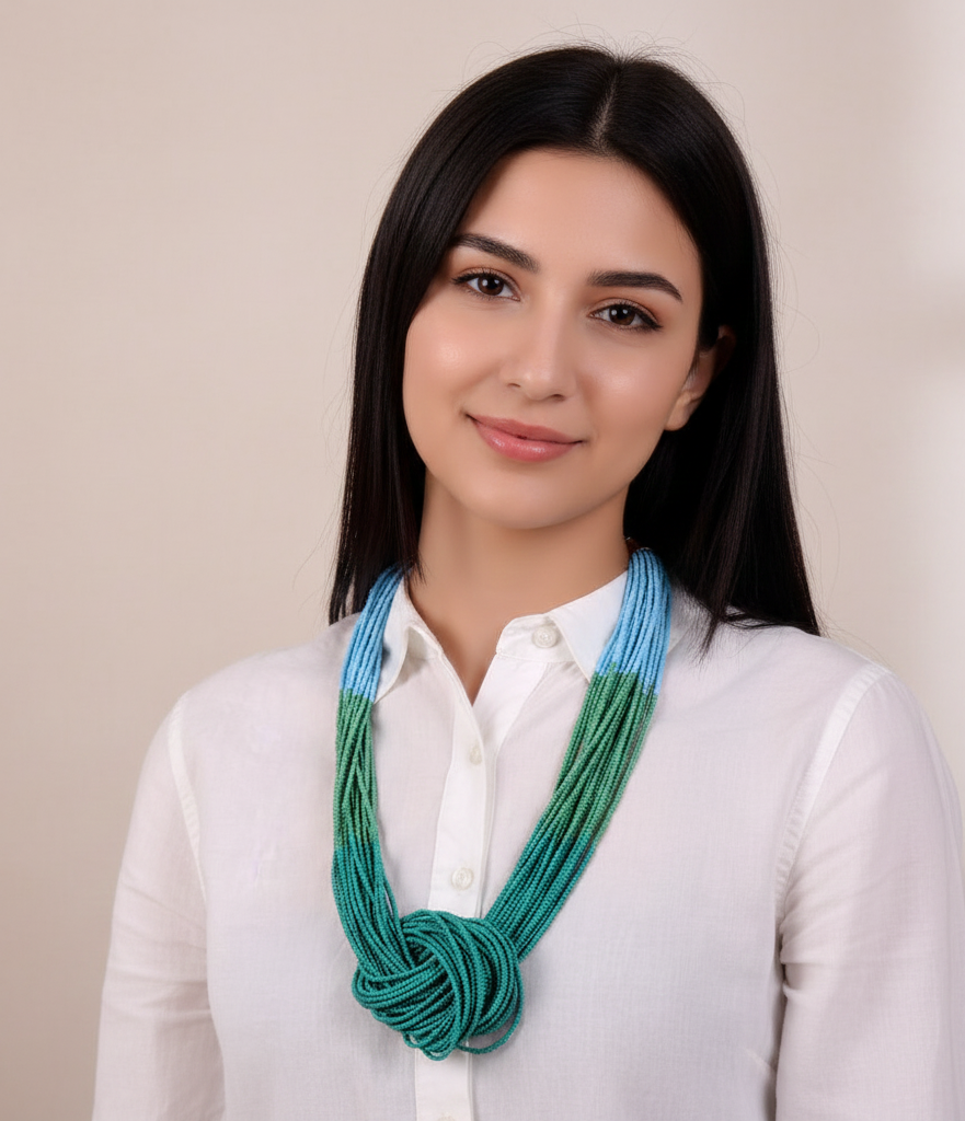 Boho Beaded Necklace with three color punch (Green & Blue)