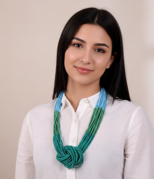 Boho Beaded Necklace with three color punch (Green & Blue)