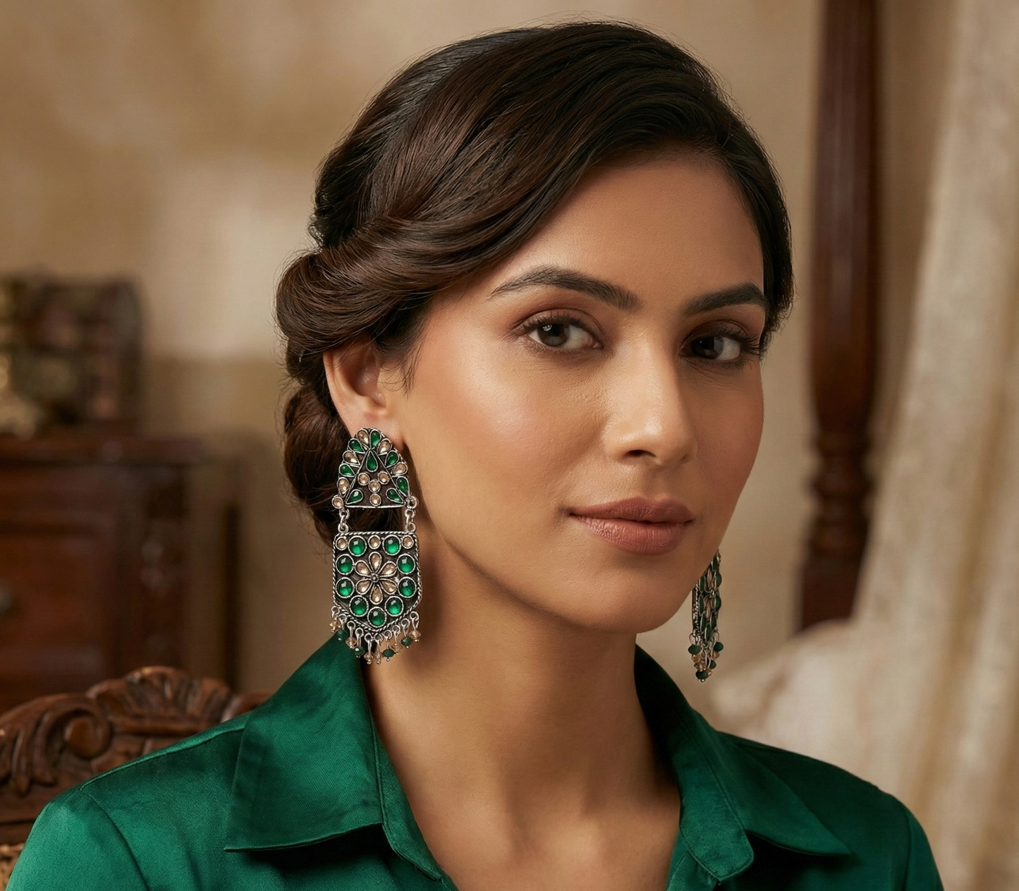 The Flower Pearl Afghani earing in Green & Cream