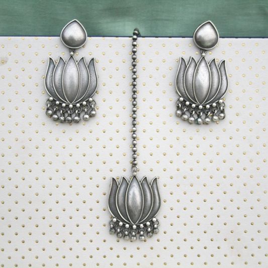 The Silver Lotus Maang Tika and Earring Set