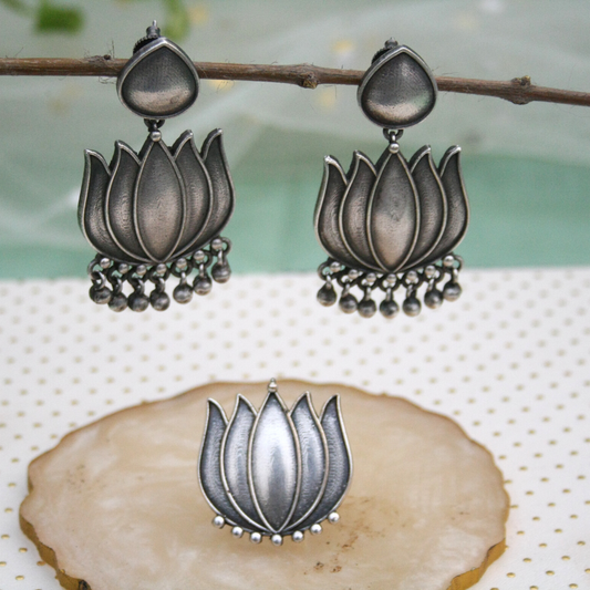 The Silver Lotus Ring and Earring Set