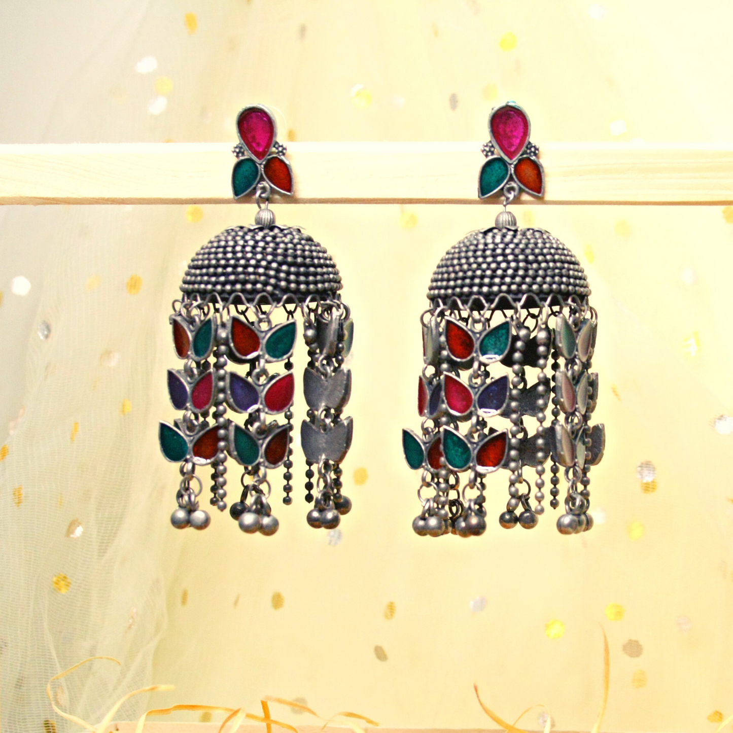 Antique Finish Meenakari Studded Jhumkas