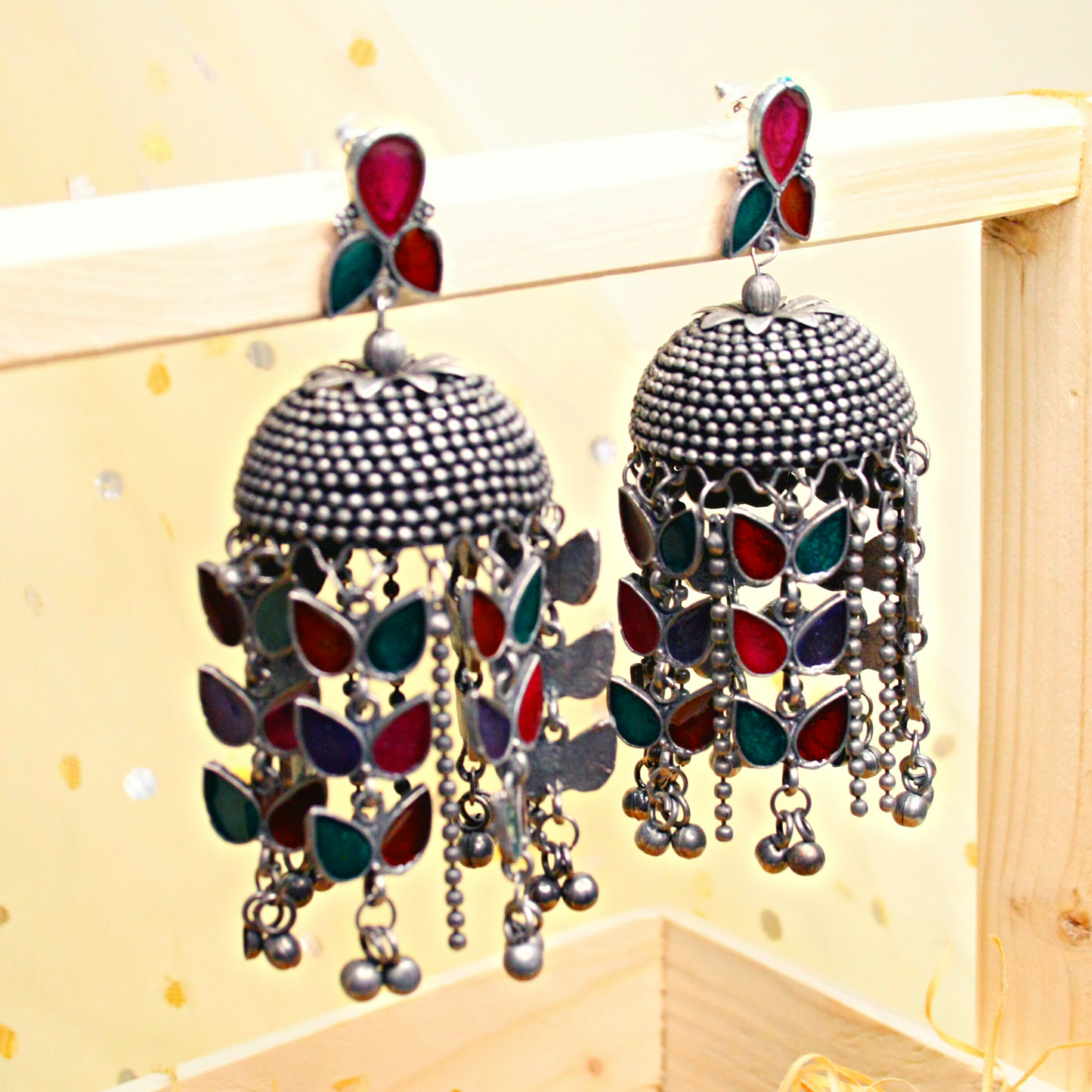 Antique Finish Meenakari Studded Jhumkas
