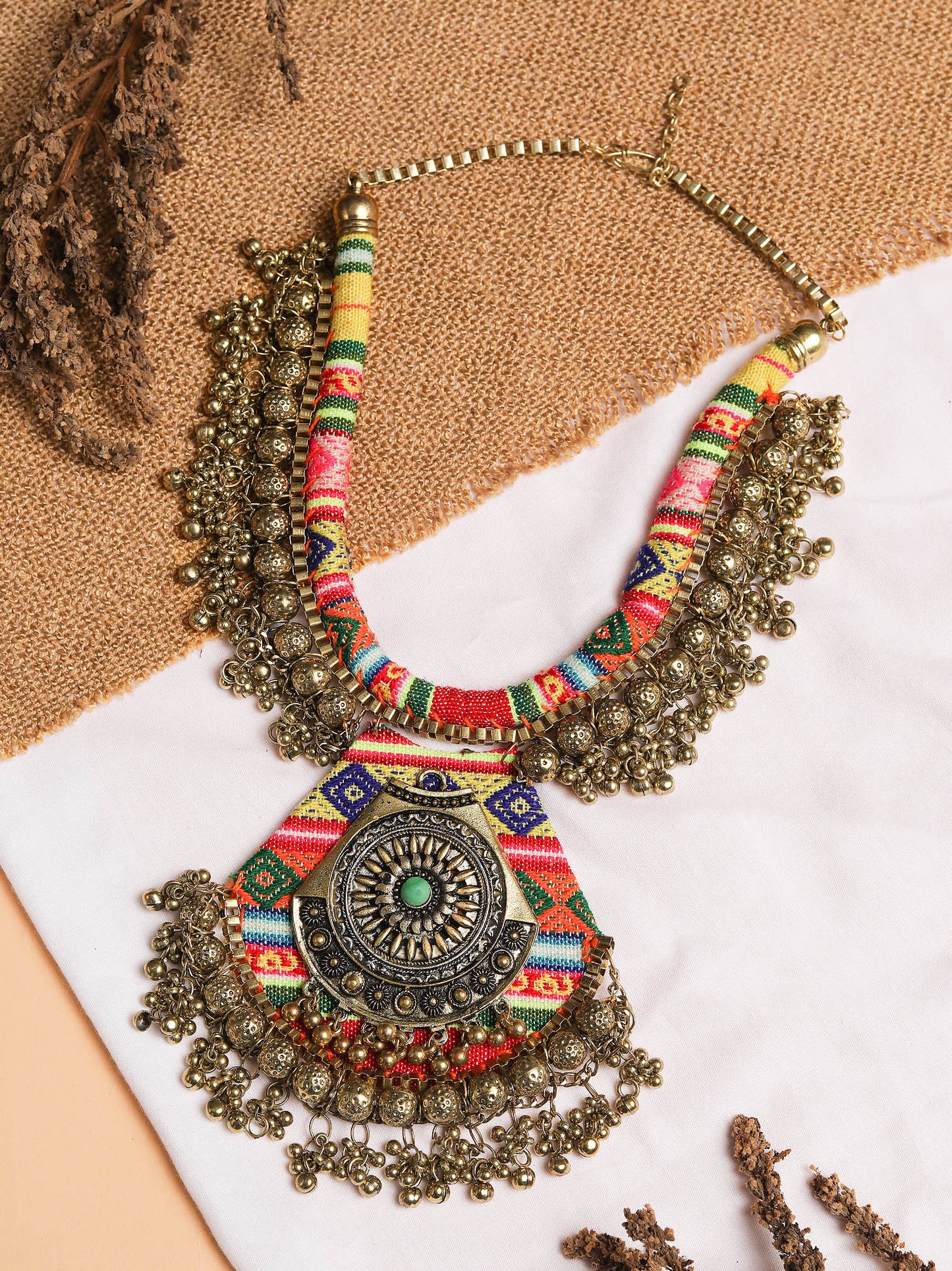 Red & Yellow Boho Necklace in Golden