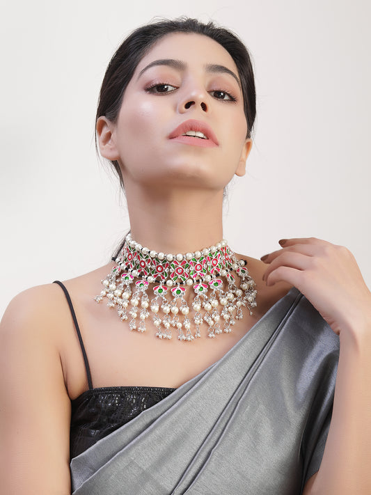 The Beady Pearly Meena Royal Necklace in Magenta & Green