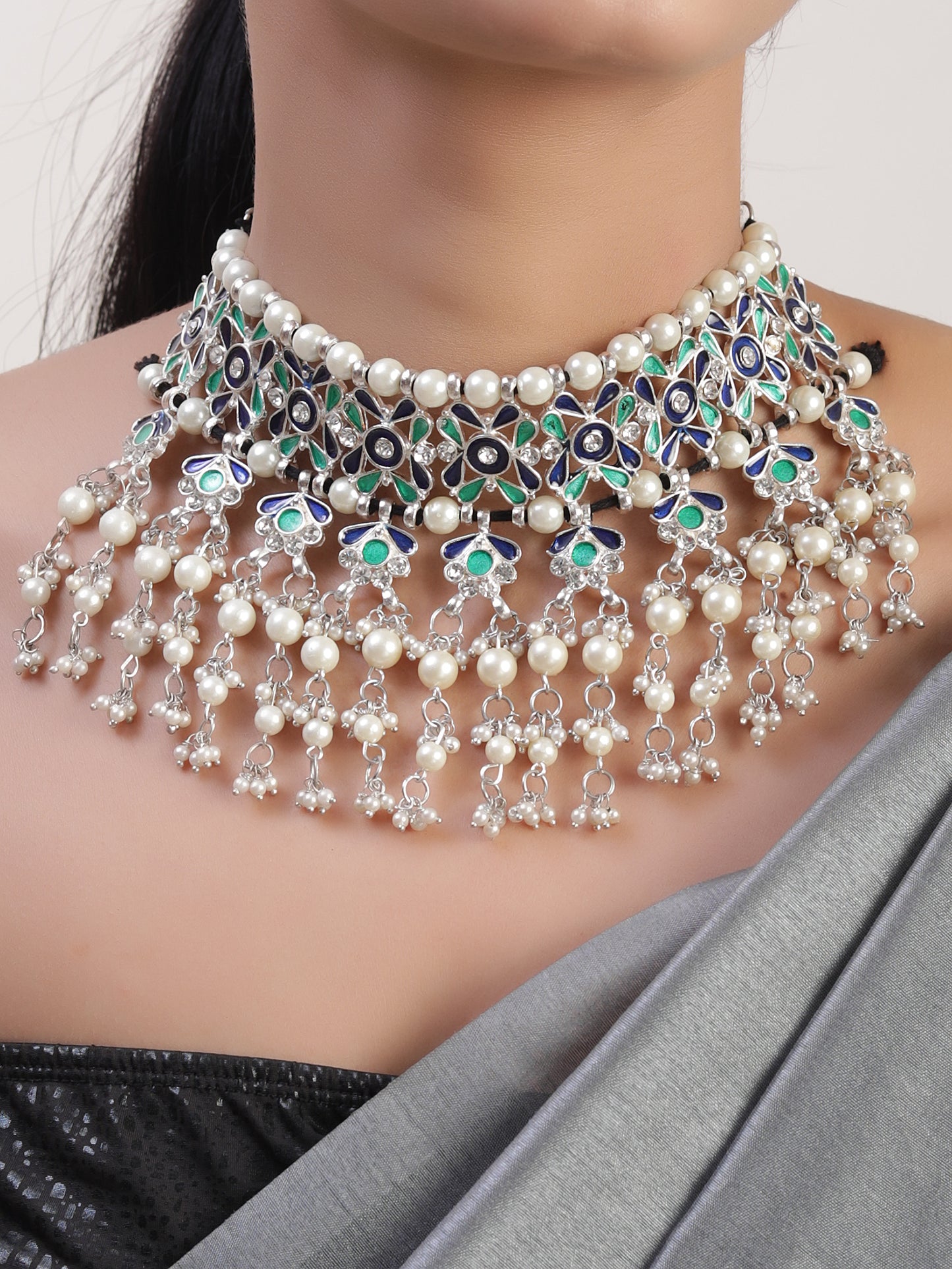 The Beady Pearly Meena Royal Necklace in Blue & Green