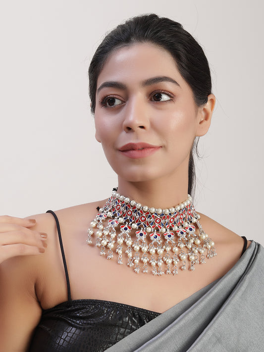 The Beady Pearly Meena Royal Necklace in Red & Blue