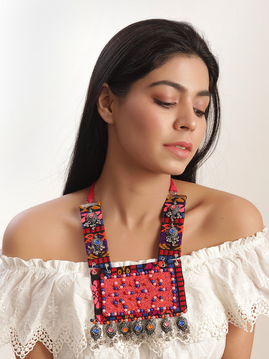 The Boho Pixelated Necklace Set in Shades of Red & Pink