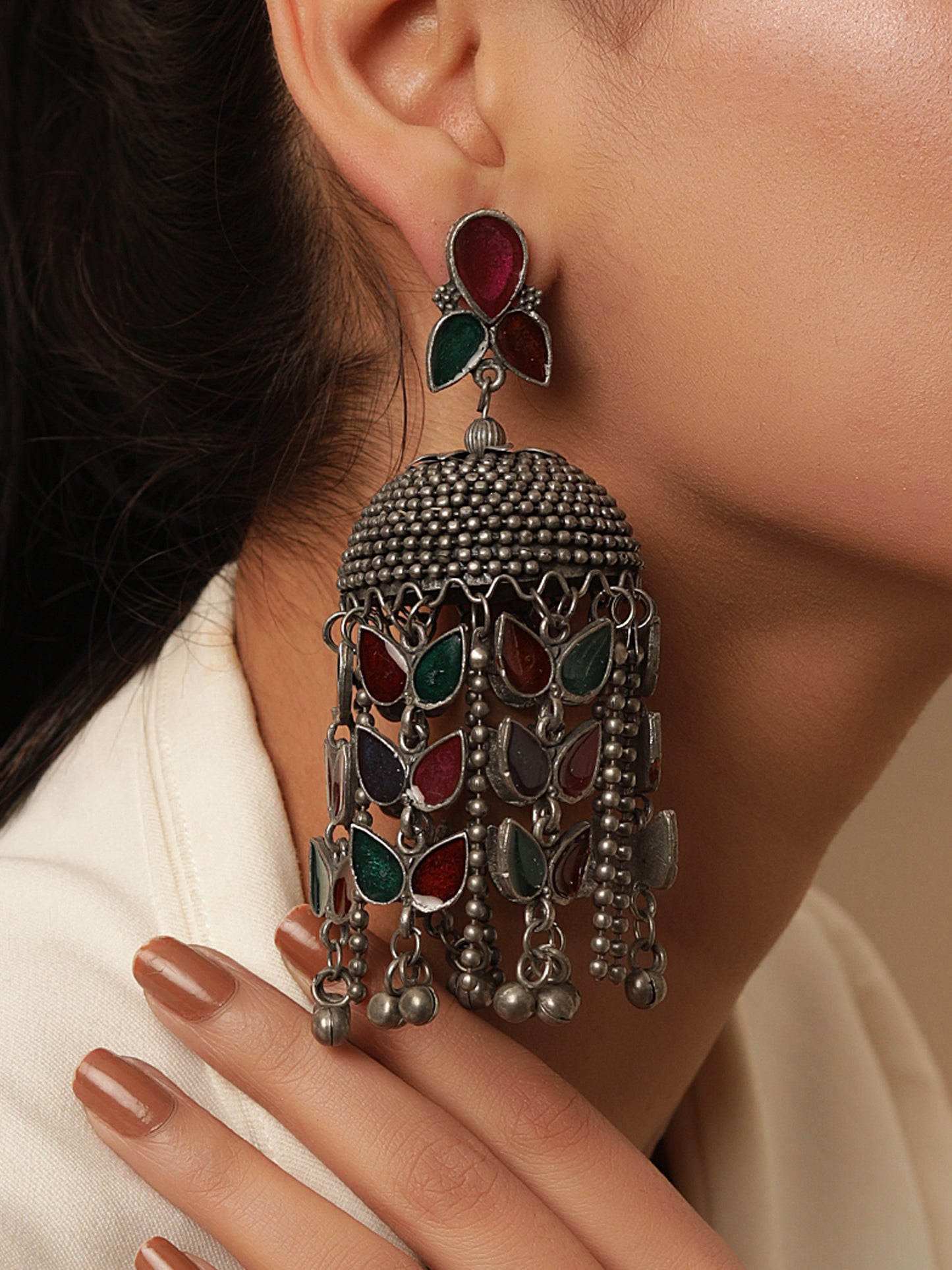 Antique Finish Meenakari Studded Jhumkas