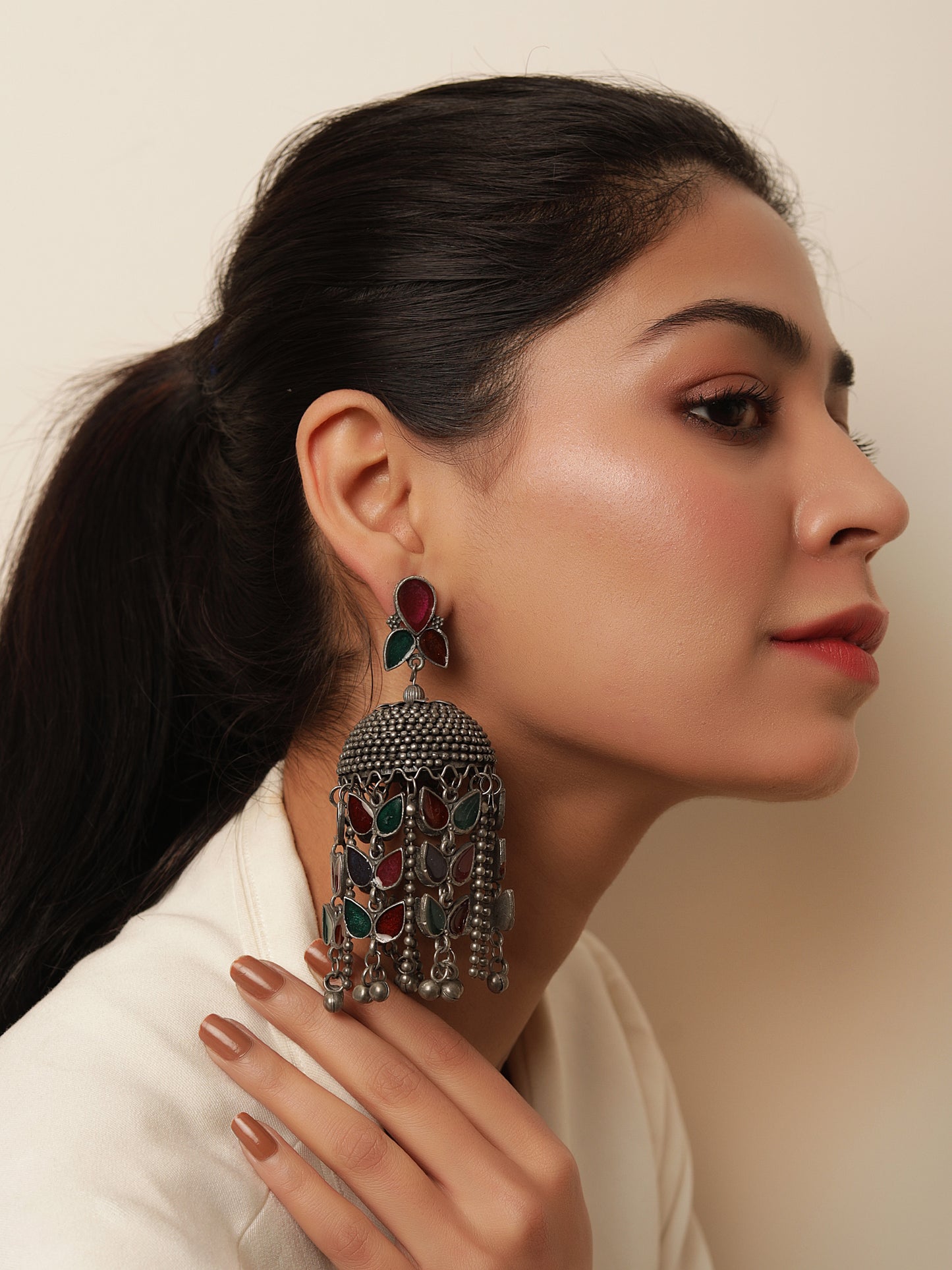 Antique Finish Meenakari Studded Jhumkas