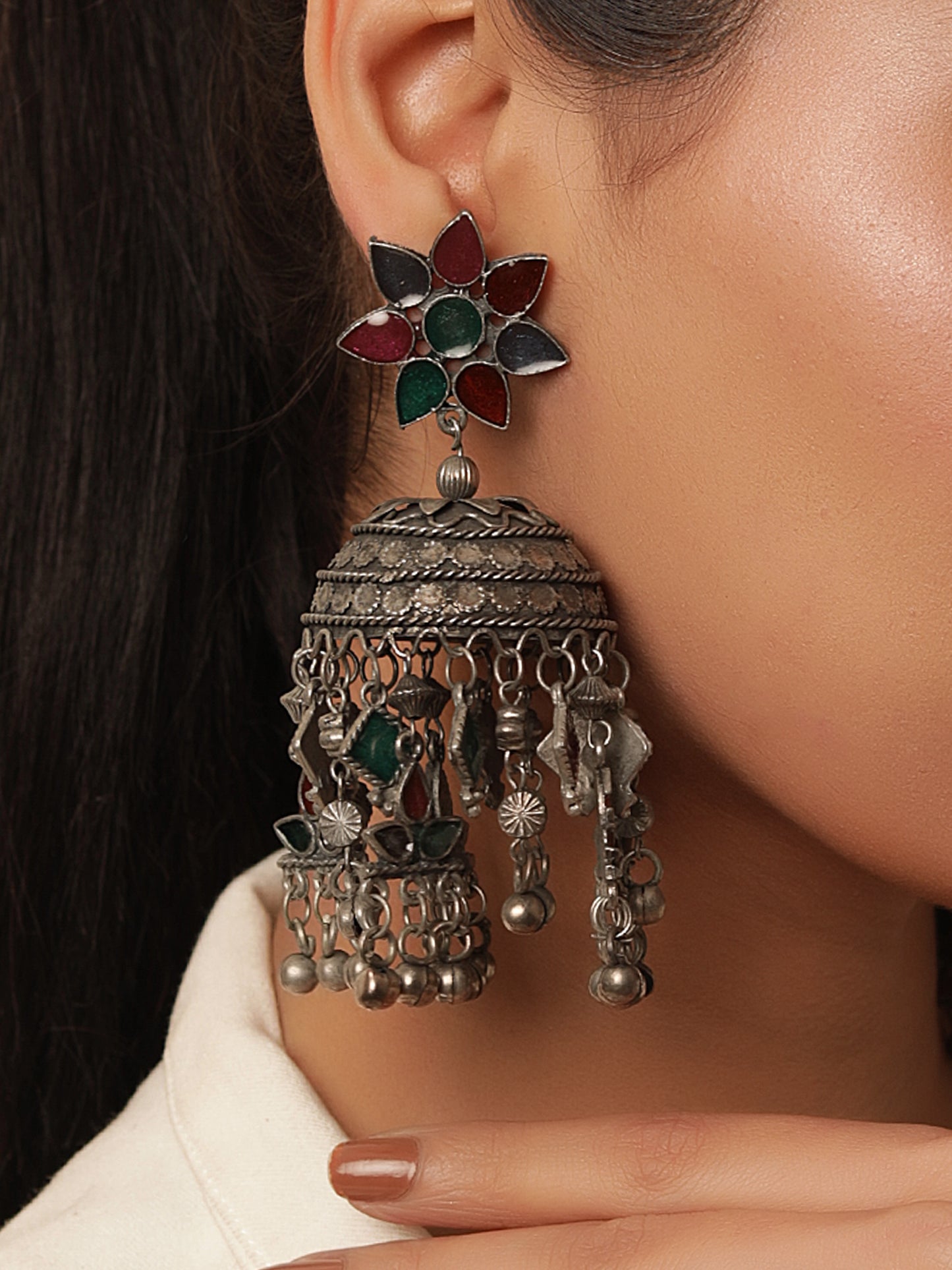 Antique Finish Floral Fiesta Meenakari Jhumkas