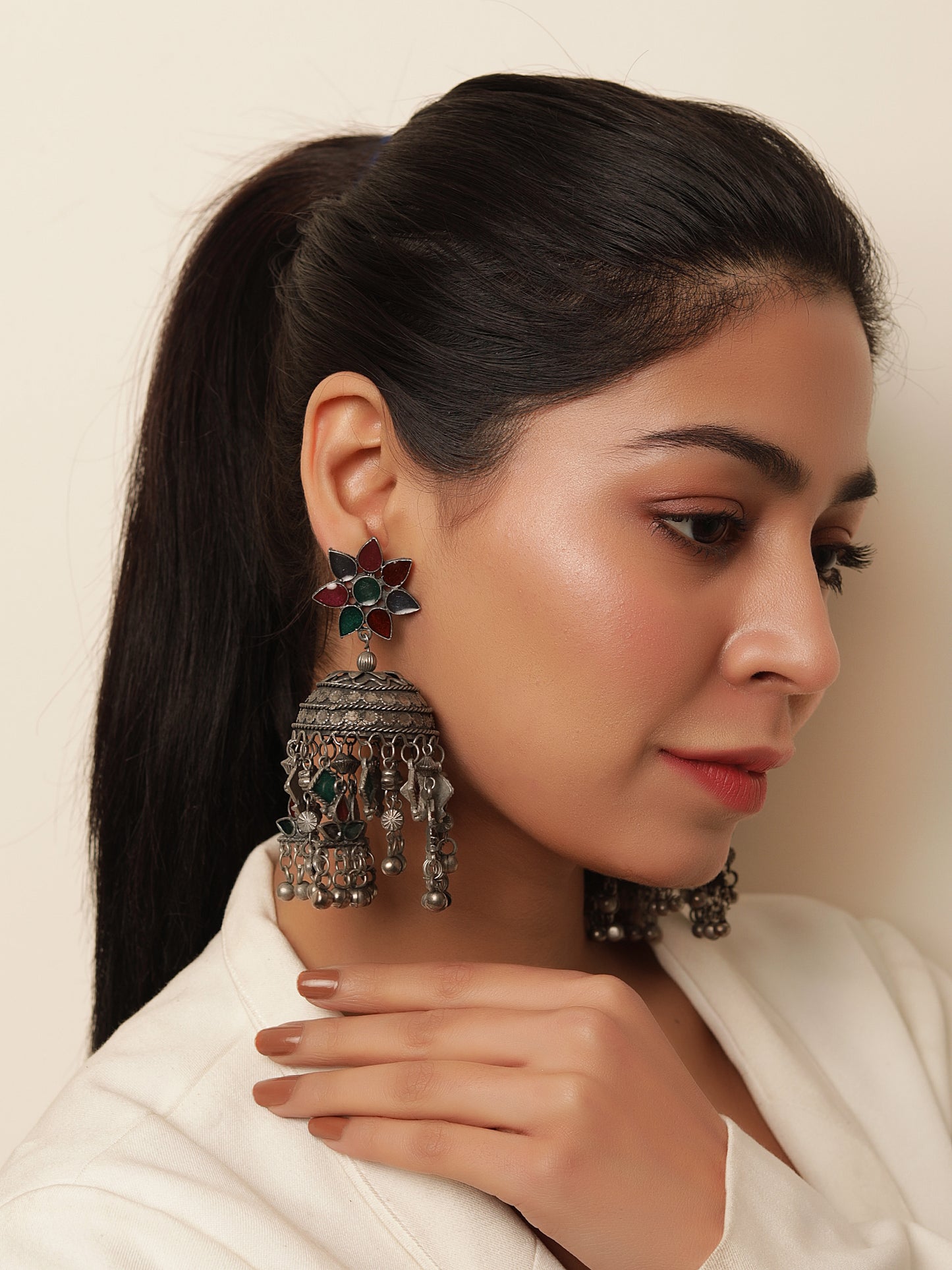 Antique Finish Floral Fiesta Meenakari Jhumkas