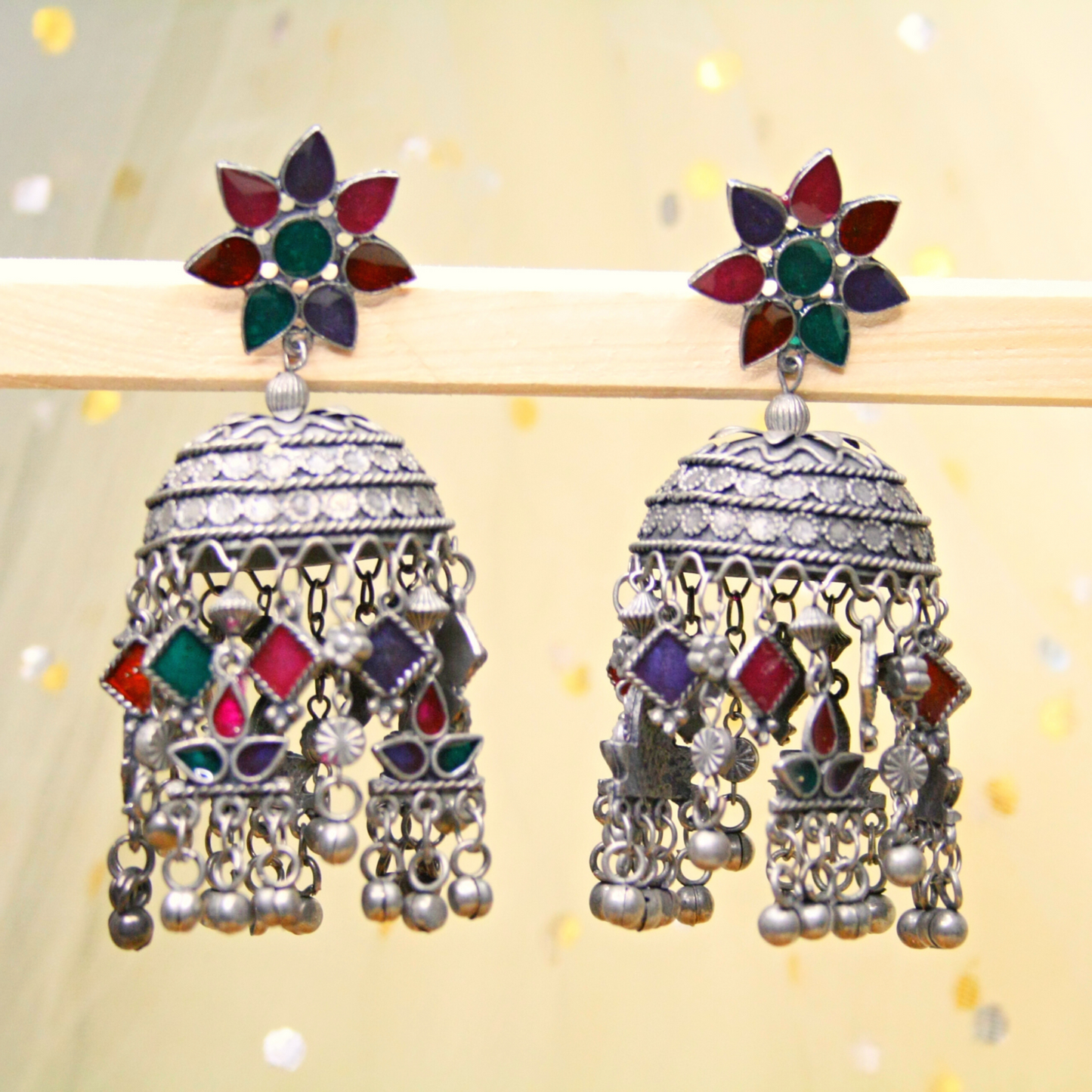 Antique Finish Floral Fiesta Meenakari Jhumkas