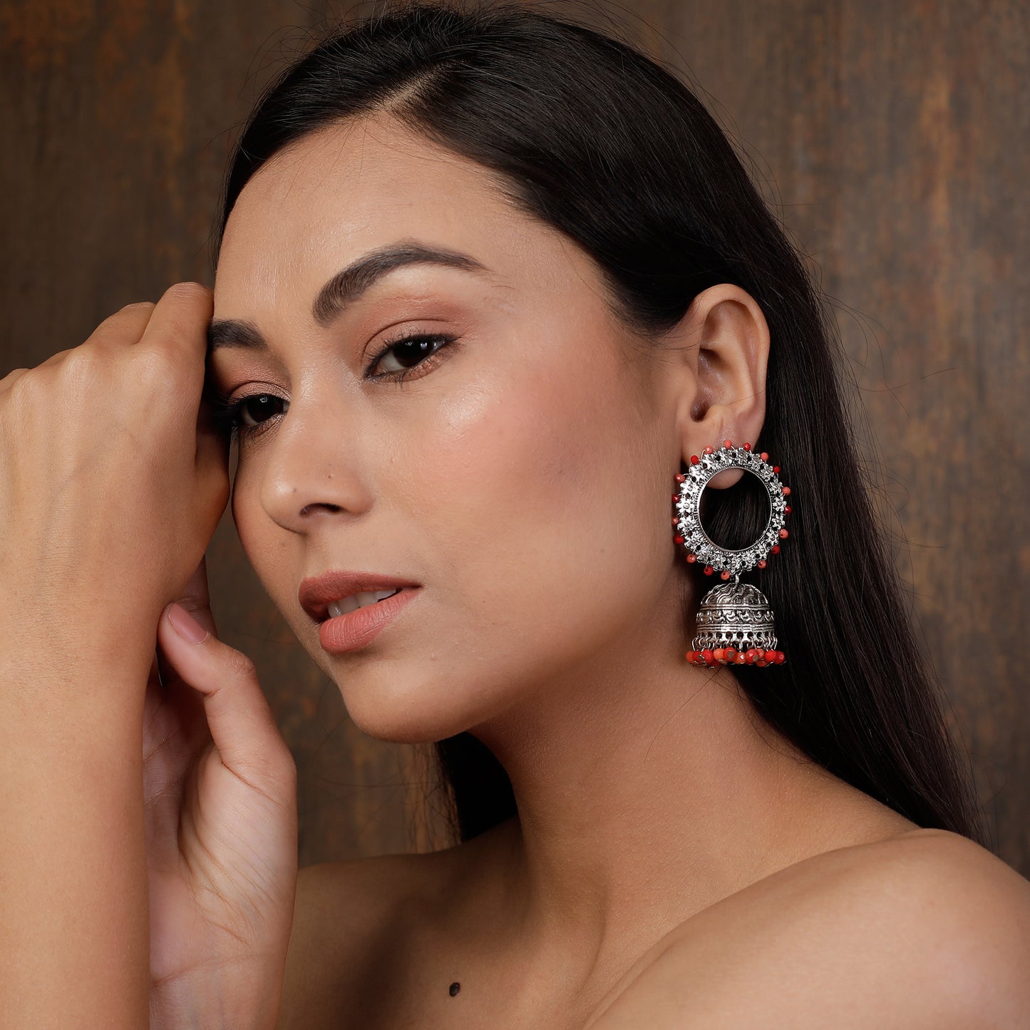 Endearing Earrings with Jhoomer in Red