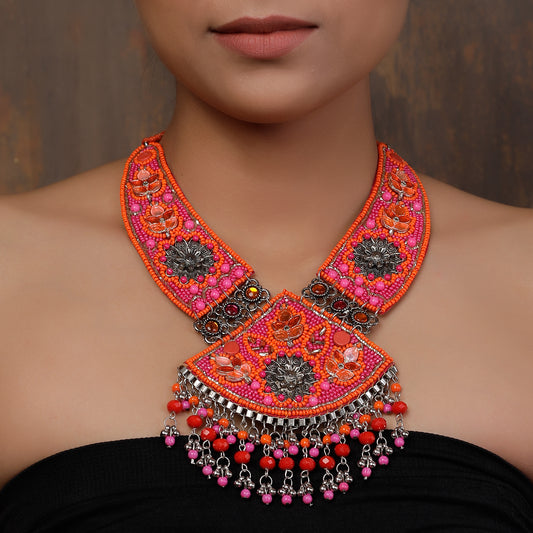 Boho Beaded Necklace in Pink and Orange