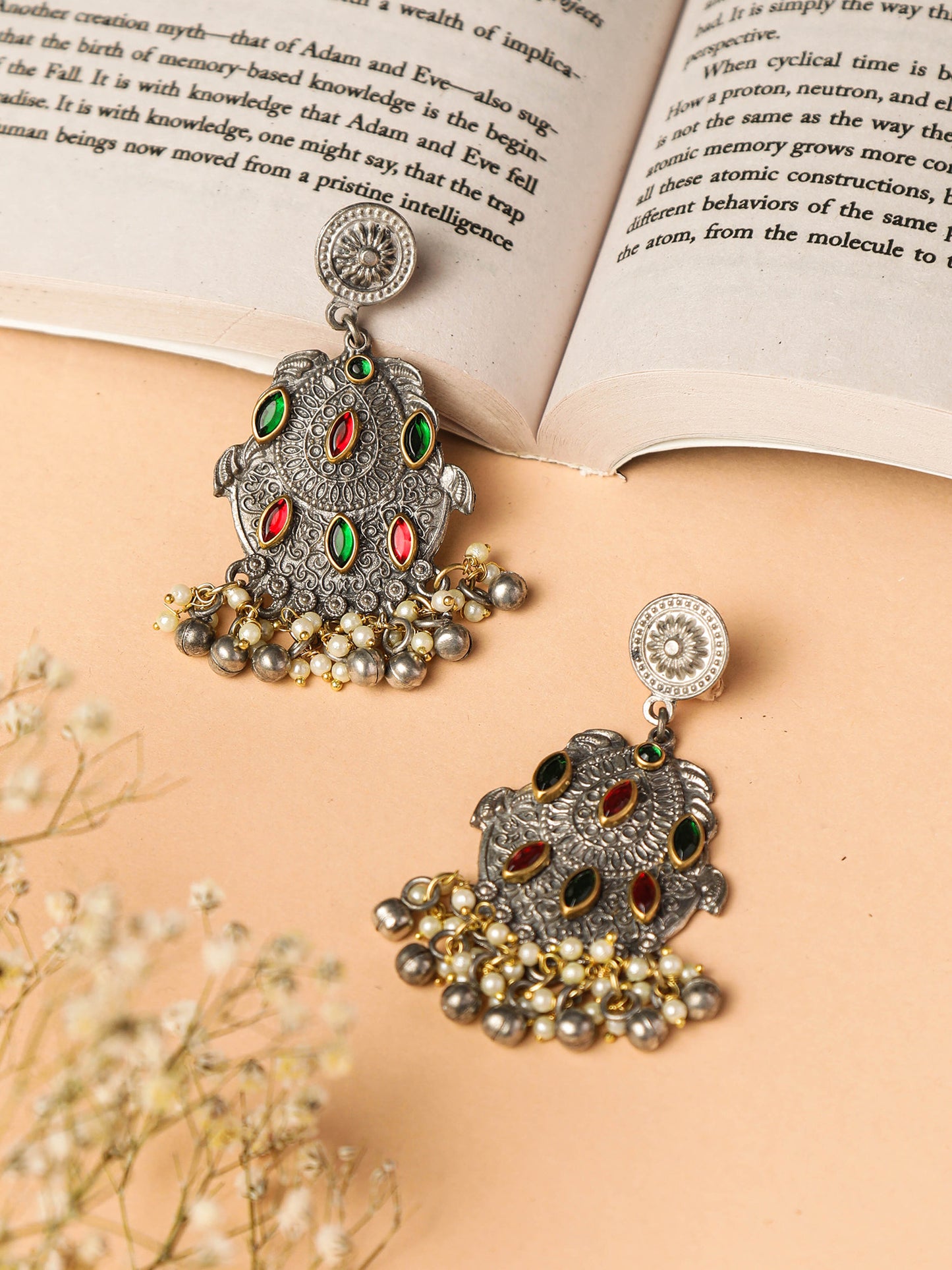 The Red & Green Stone Cycloid Scale Earrings