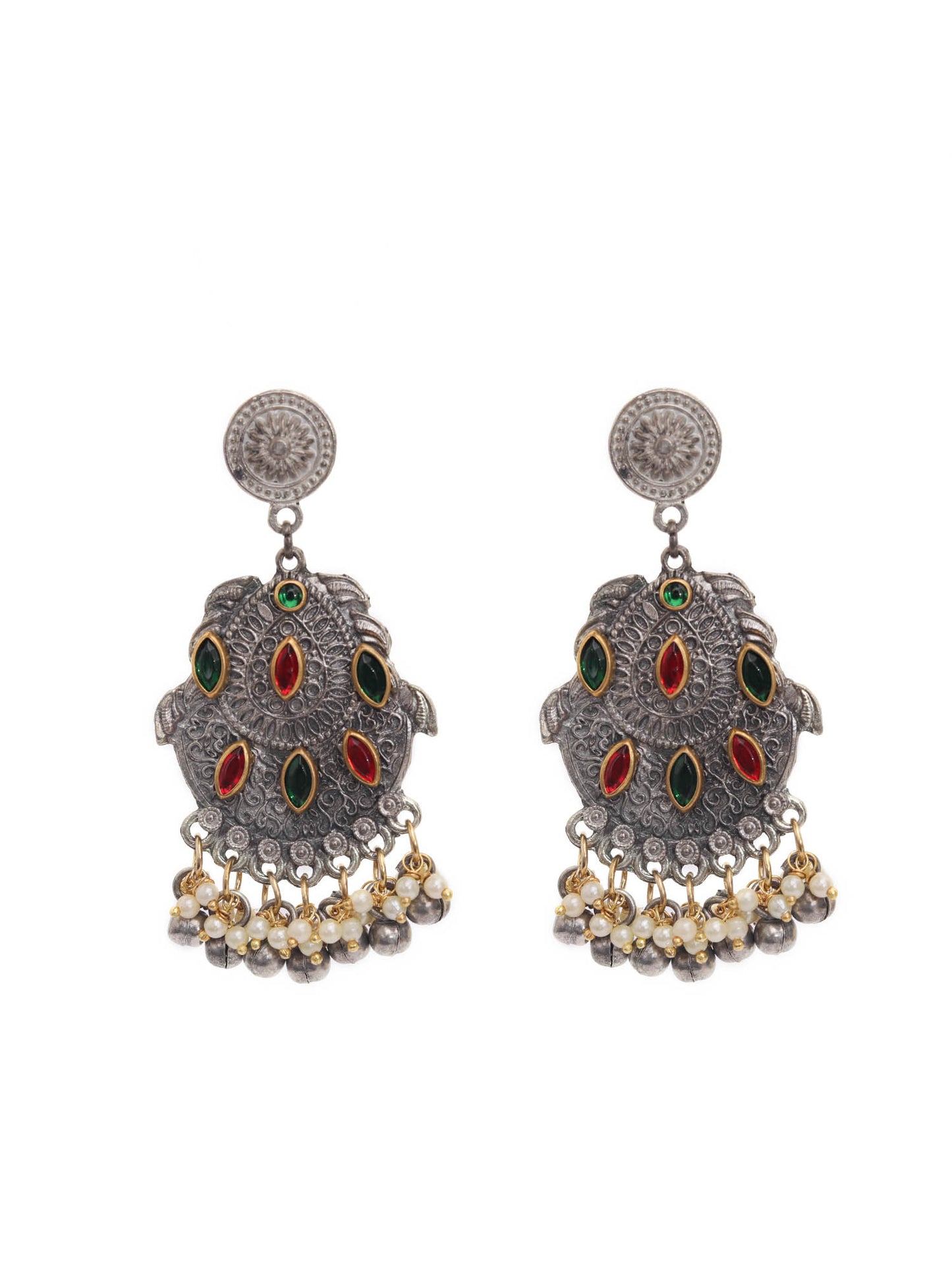 The Red & Green Stone Cycloid Scale Earrings