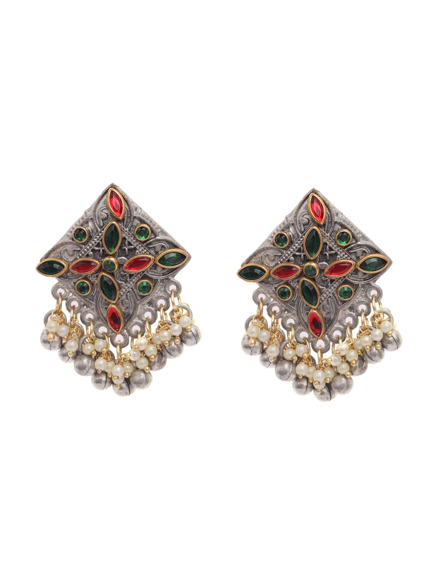 Faux Pearly Trinkets Clump Earrings in Red & Green Stone