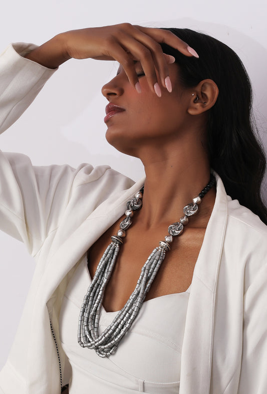 The Multi Layered Cluster Barrel Necklace in Silver