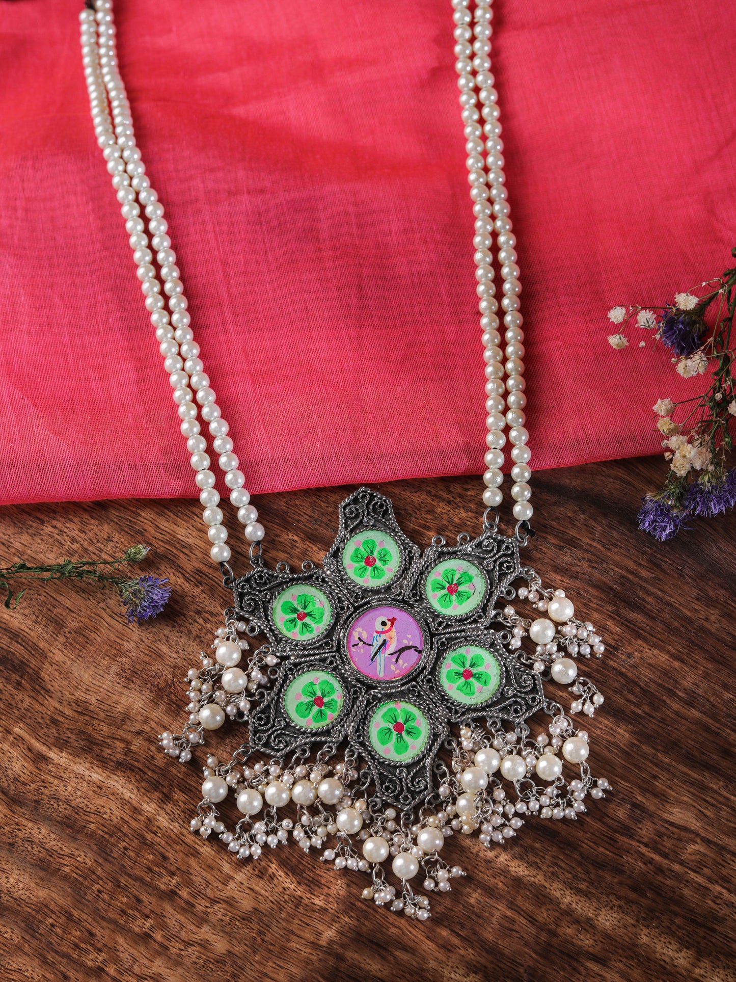 Hand Painted Koyal Canvas Pearl Necklace