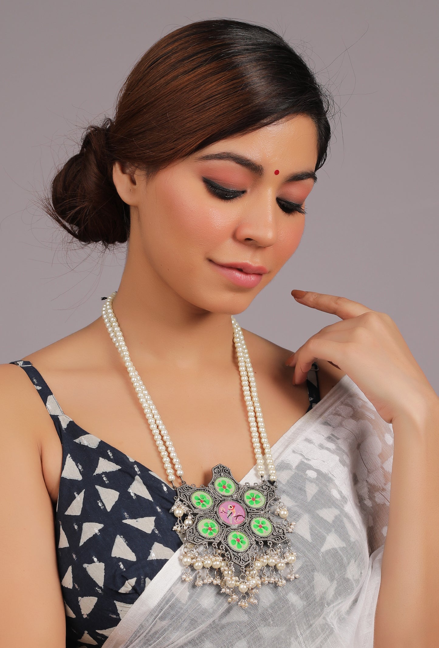 Hand Painted Koyal Canvas Pearl Necklace