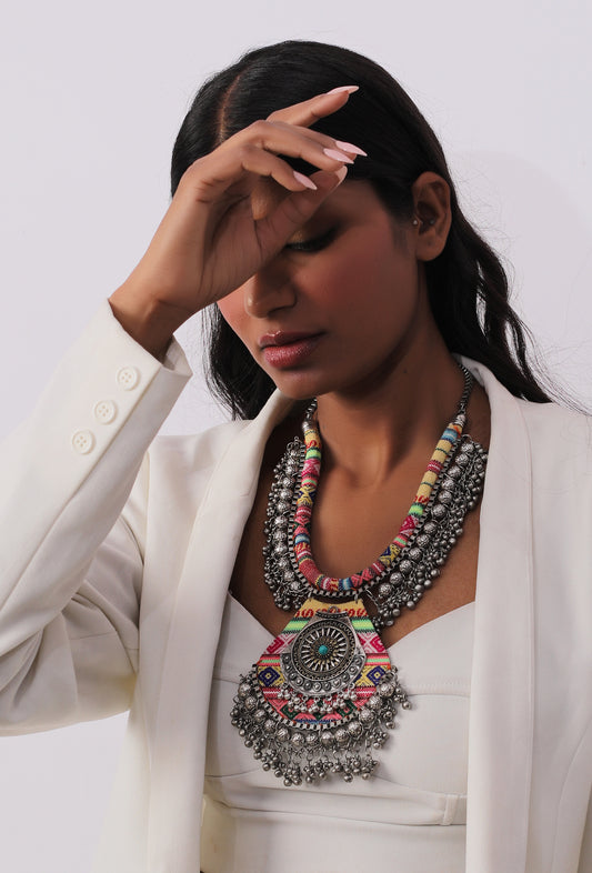 Red & Yellow Boho Necklace in Silver
