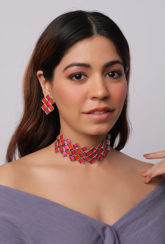 The Aquila Meena Choker Set in Pink & Orange
