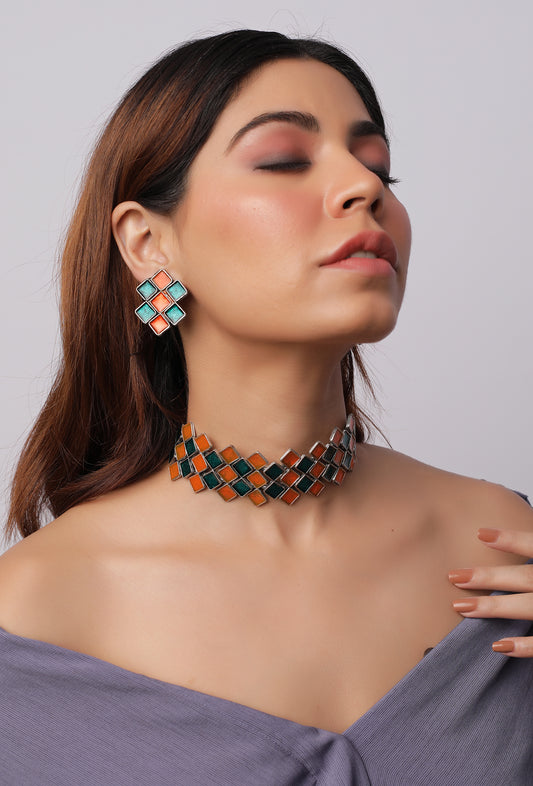 The Aquila Meena Choker Set in Orange & Green