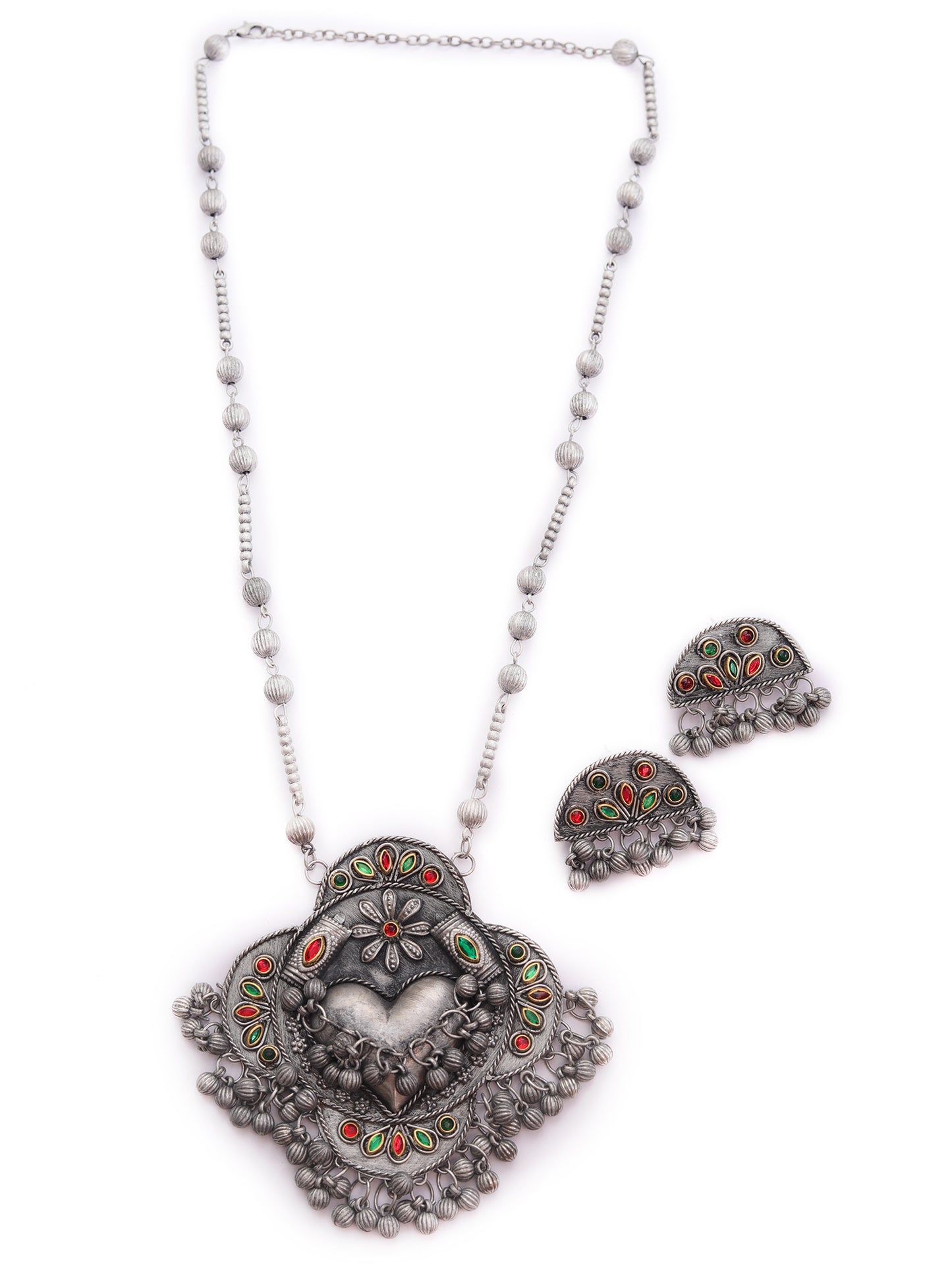 The Gutsy Metallic Trinky Heart Necklace Set in Green & Red Stone