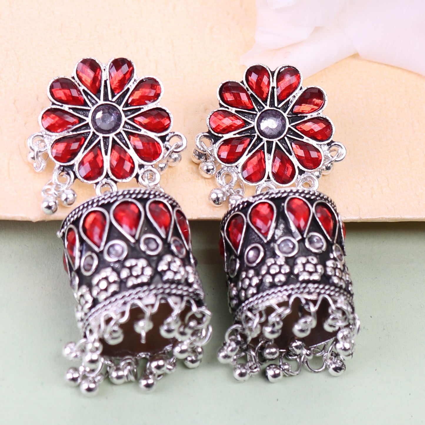 Earrings,Red Flower Designer Jhumkas - Cippele Multi Store