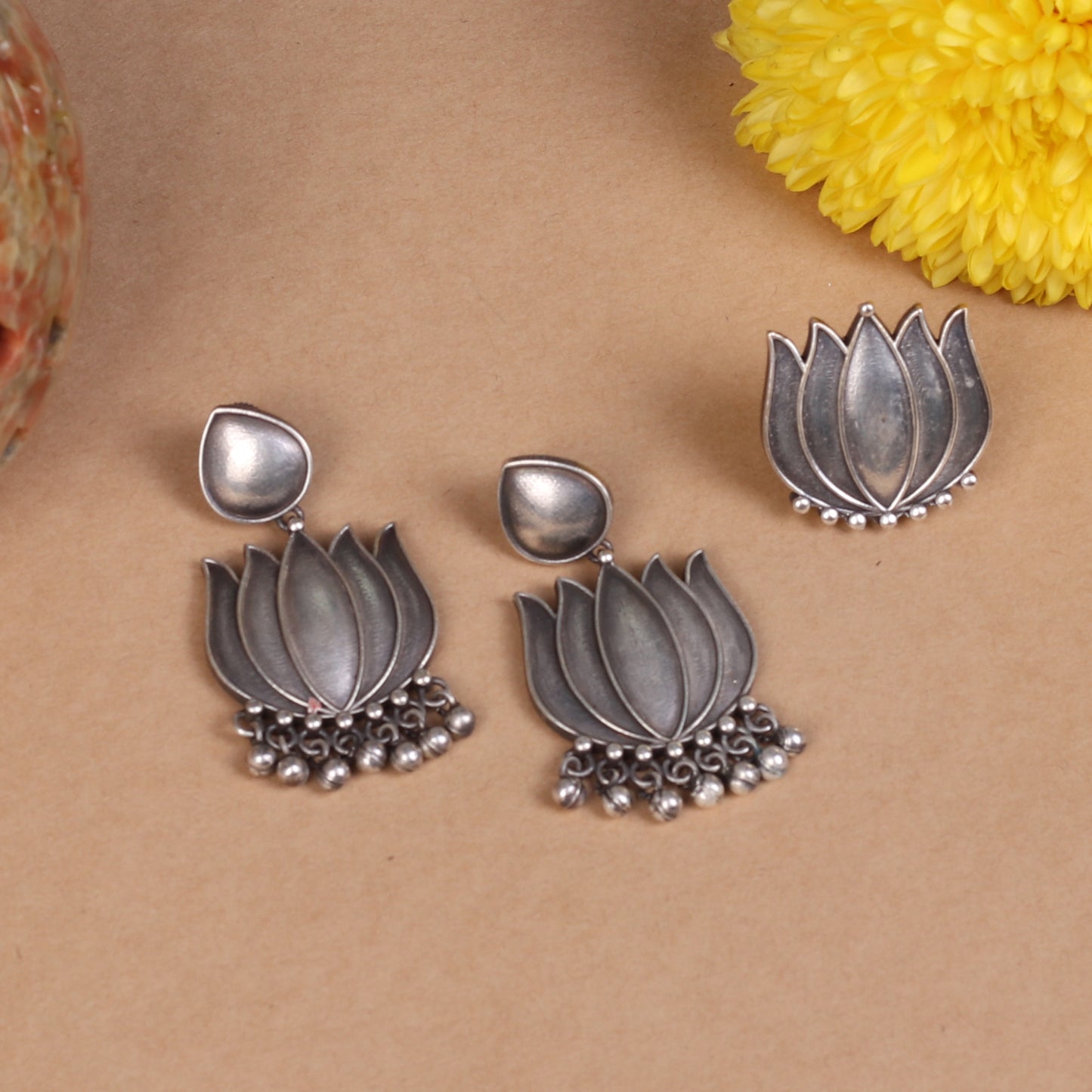 The Silver Lotus Ring and Earring Set