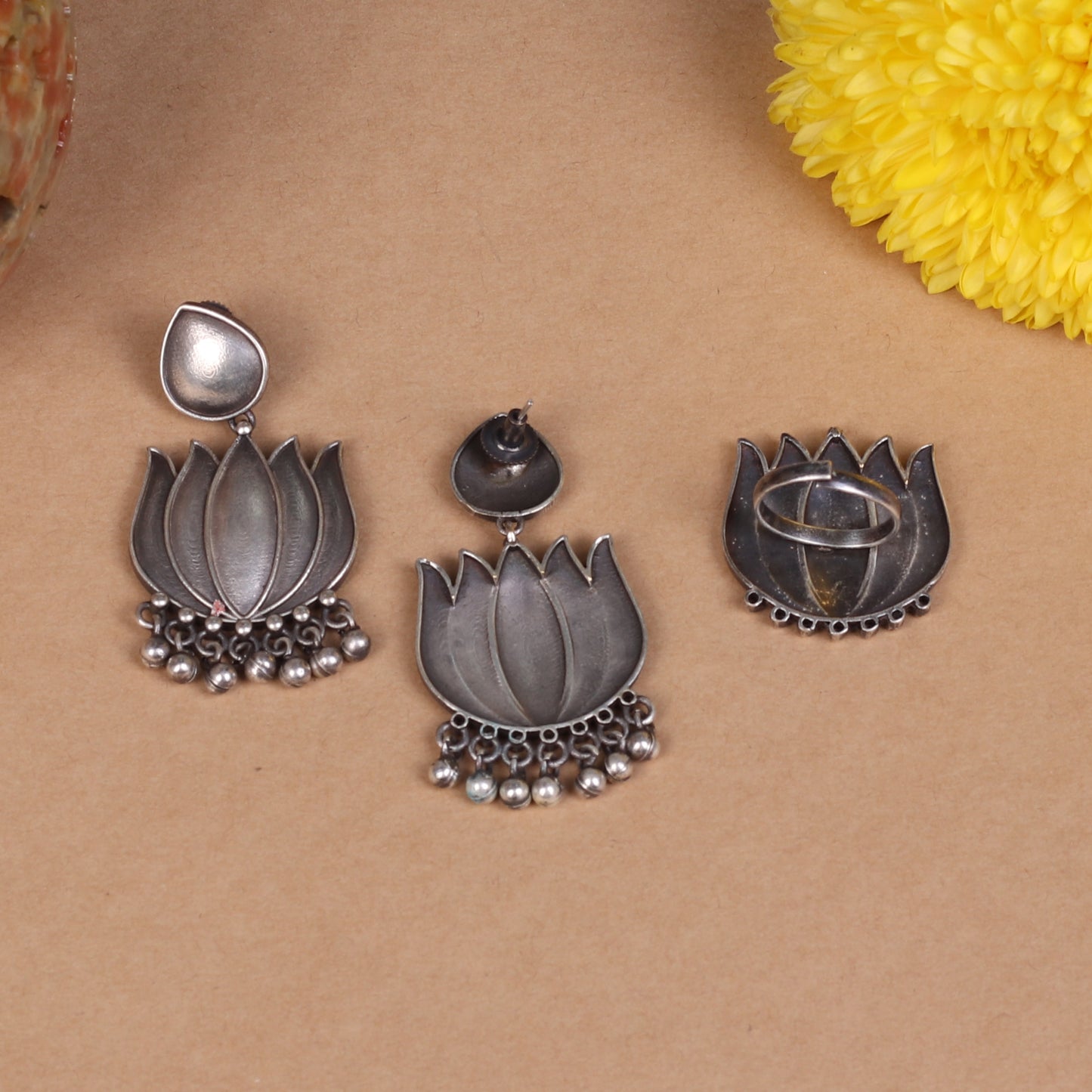 The Silver Lotus Ring and Earring Set