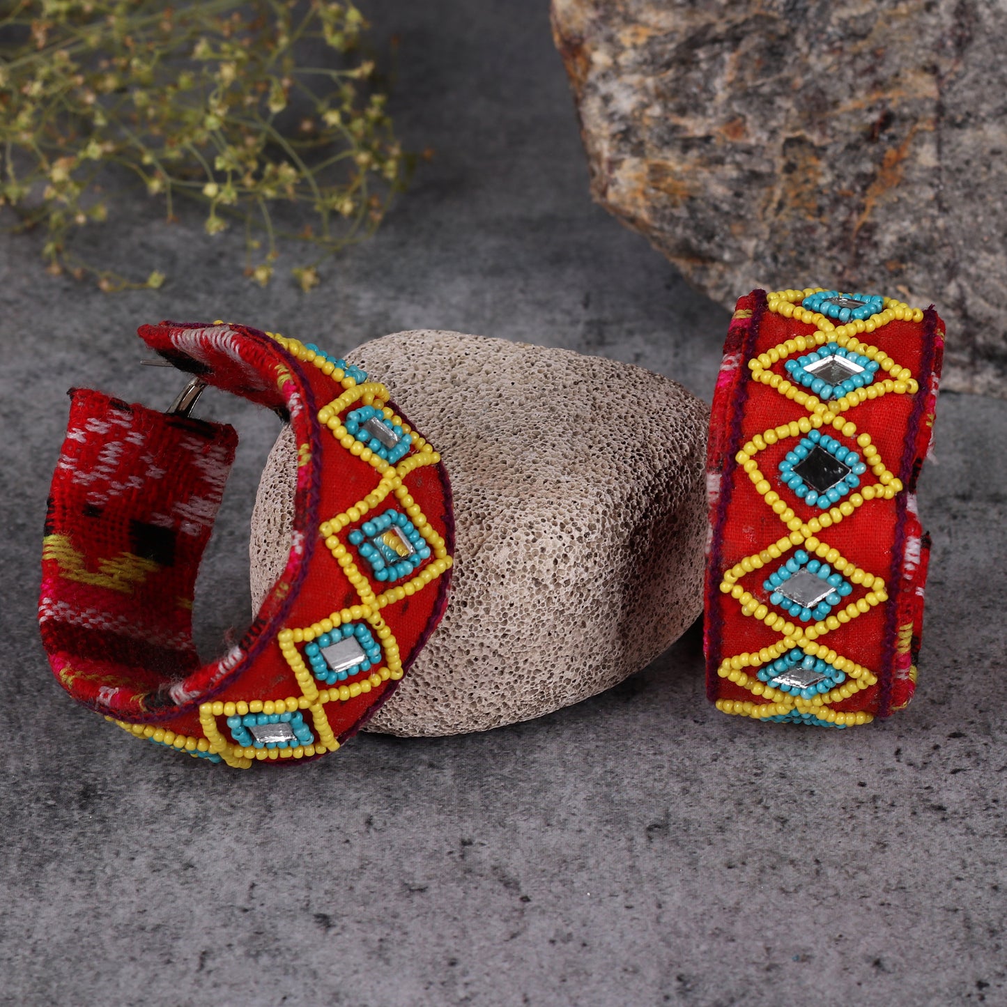 The Triple Squared Glass Beaded Earrings in Red