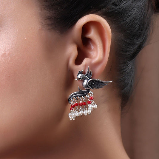 Earrings,Fly with the Bird Silver Look Alike Earring with Red & White Pearls - Cippele Multi Store