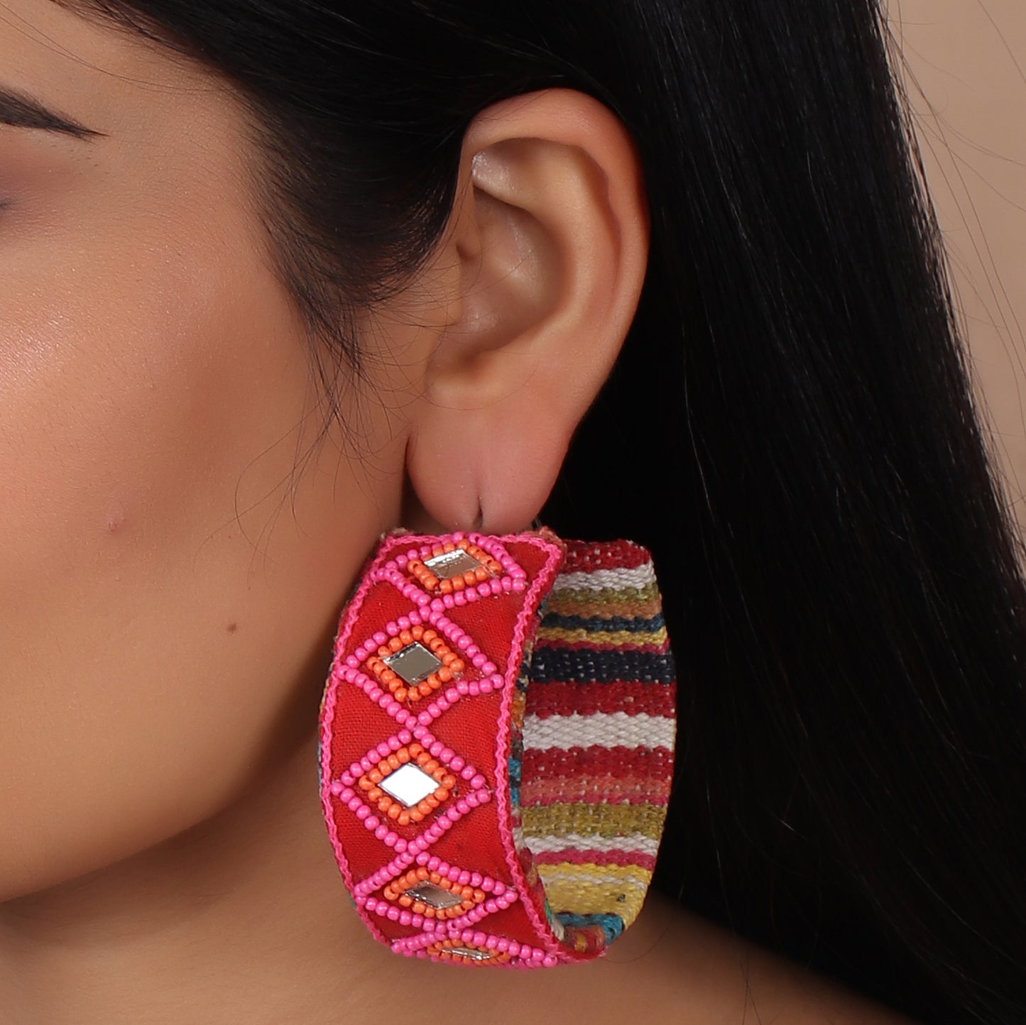 The Triple Squared Glass Beaded Earrings in Pink