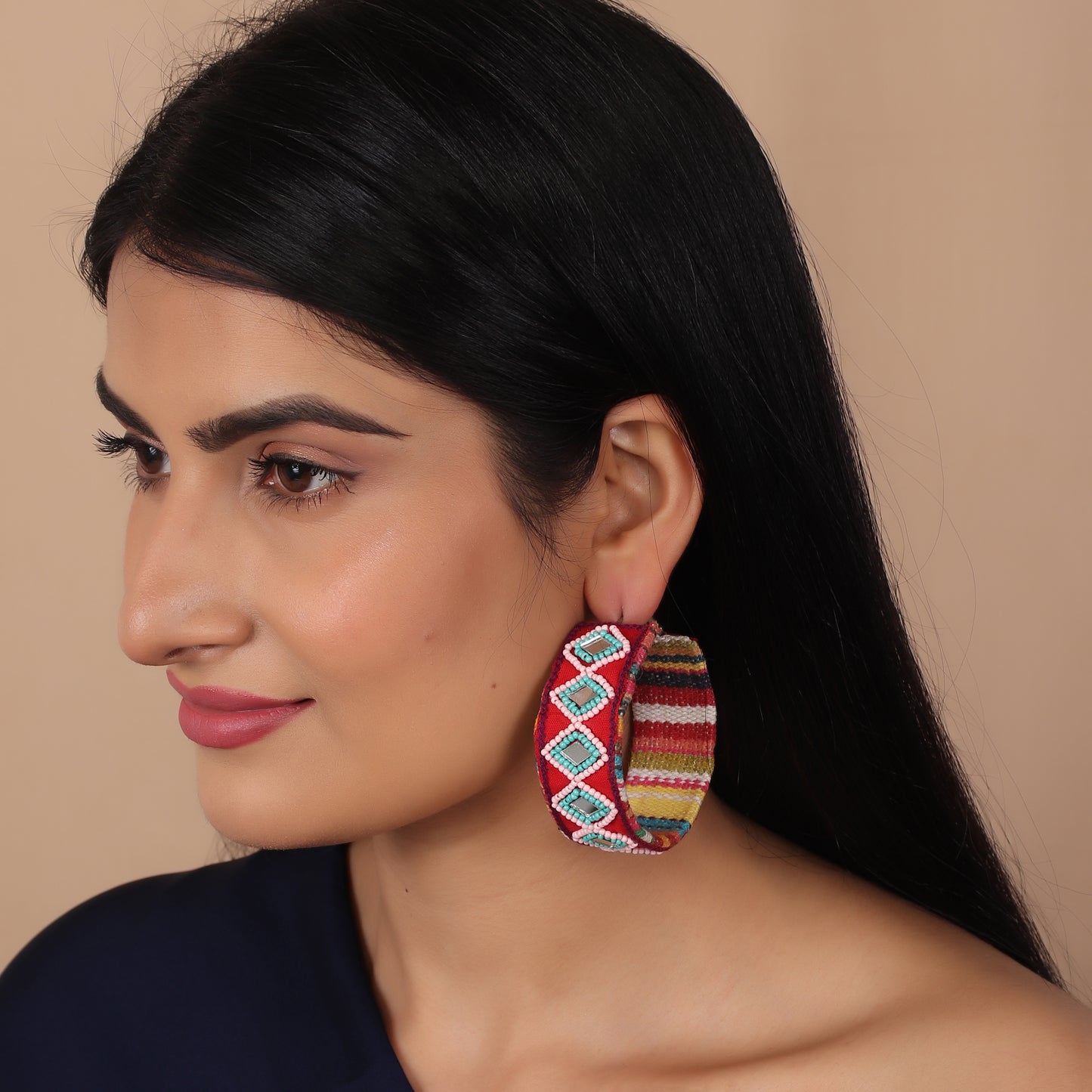 The Triple Squared Glass Beaded Earrings in Maroon with Pink Beads