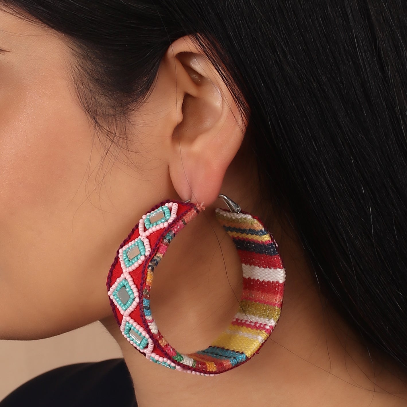 The Triple Squared Glass Beaded Earrings in Maroon with Pink Beads