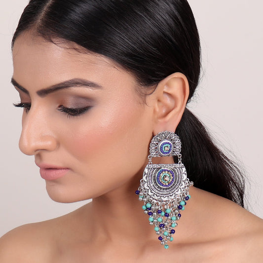 Earrings,Flower Earrings with Beaded Dropdown in Blue - Cippele Multi Store