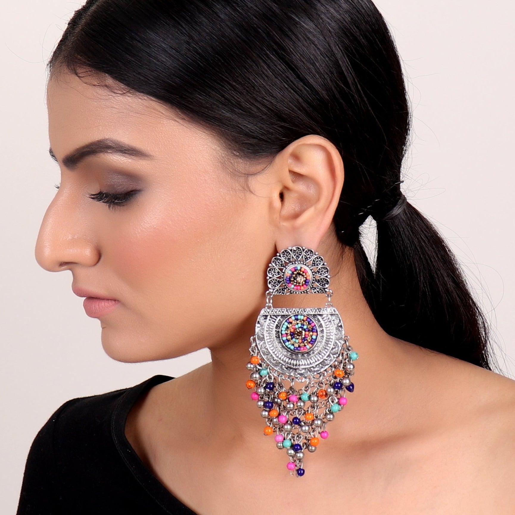 Earrings,Flower Earrings with Beaded Dropdown in Multicolor - Cippele Multi Store