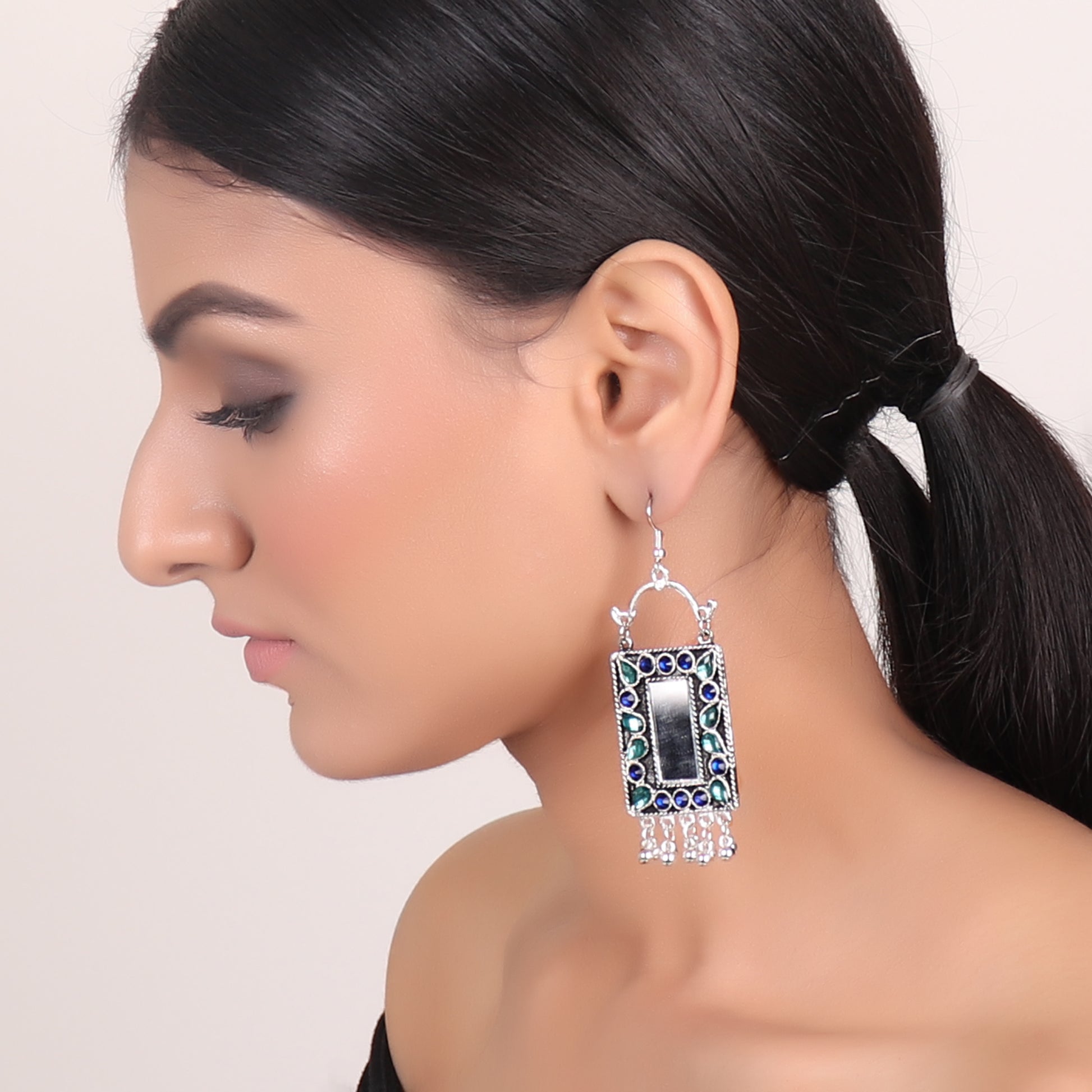 Earrings,Rectangle Mirror Earrings in Indigo Blue & Green - Cippele Multi Store