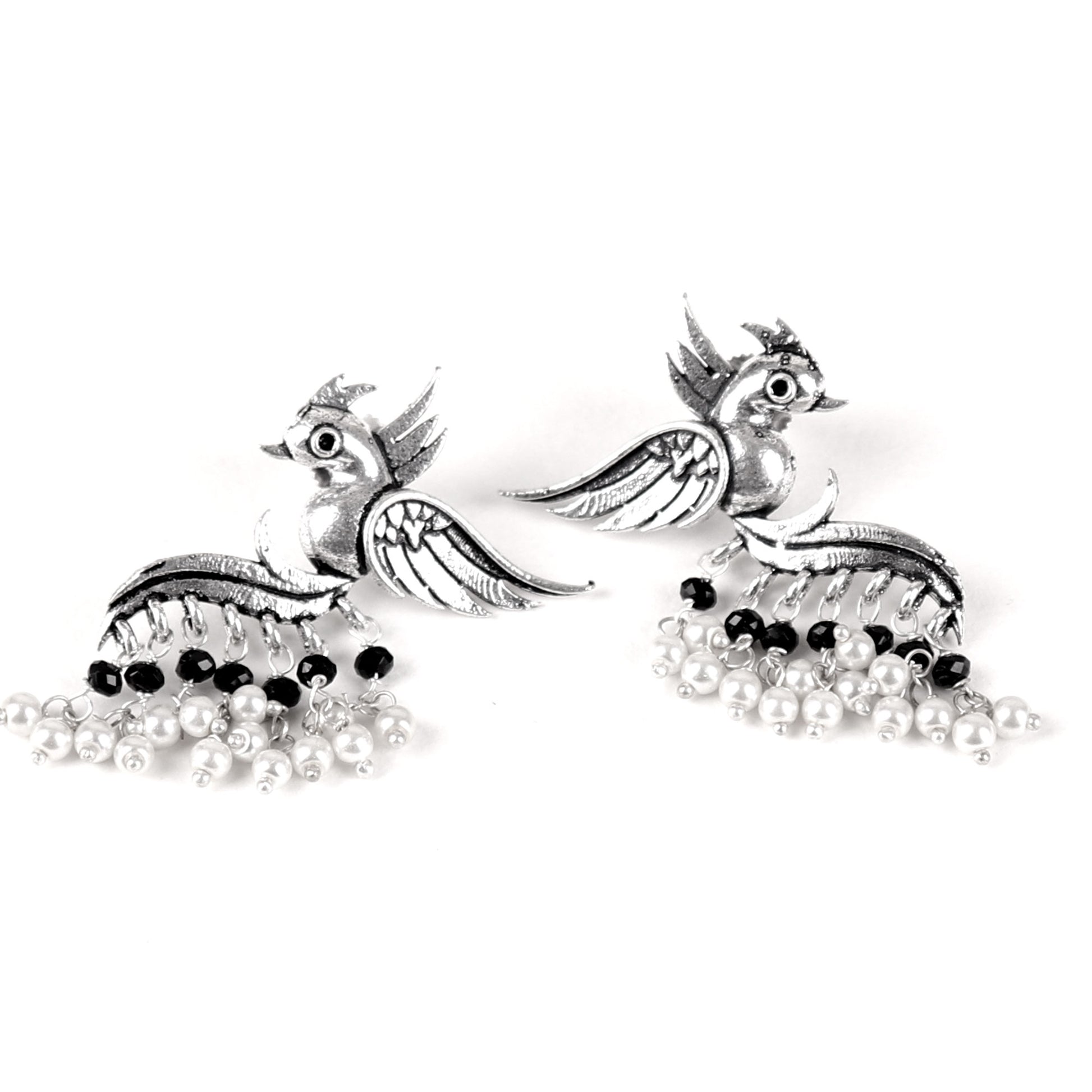 Earrings,Fly with the Bird Silver Look Alike Earring with Black & White Pearls - Cippele Multi Store