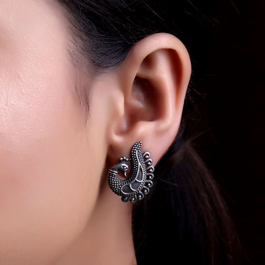 Earrings,The Black ornamented  peahen Silver Look Alike Stud - Cippele Multi Store
