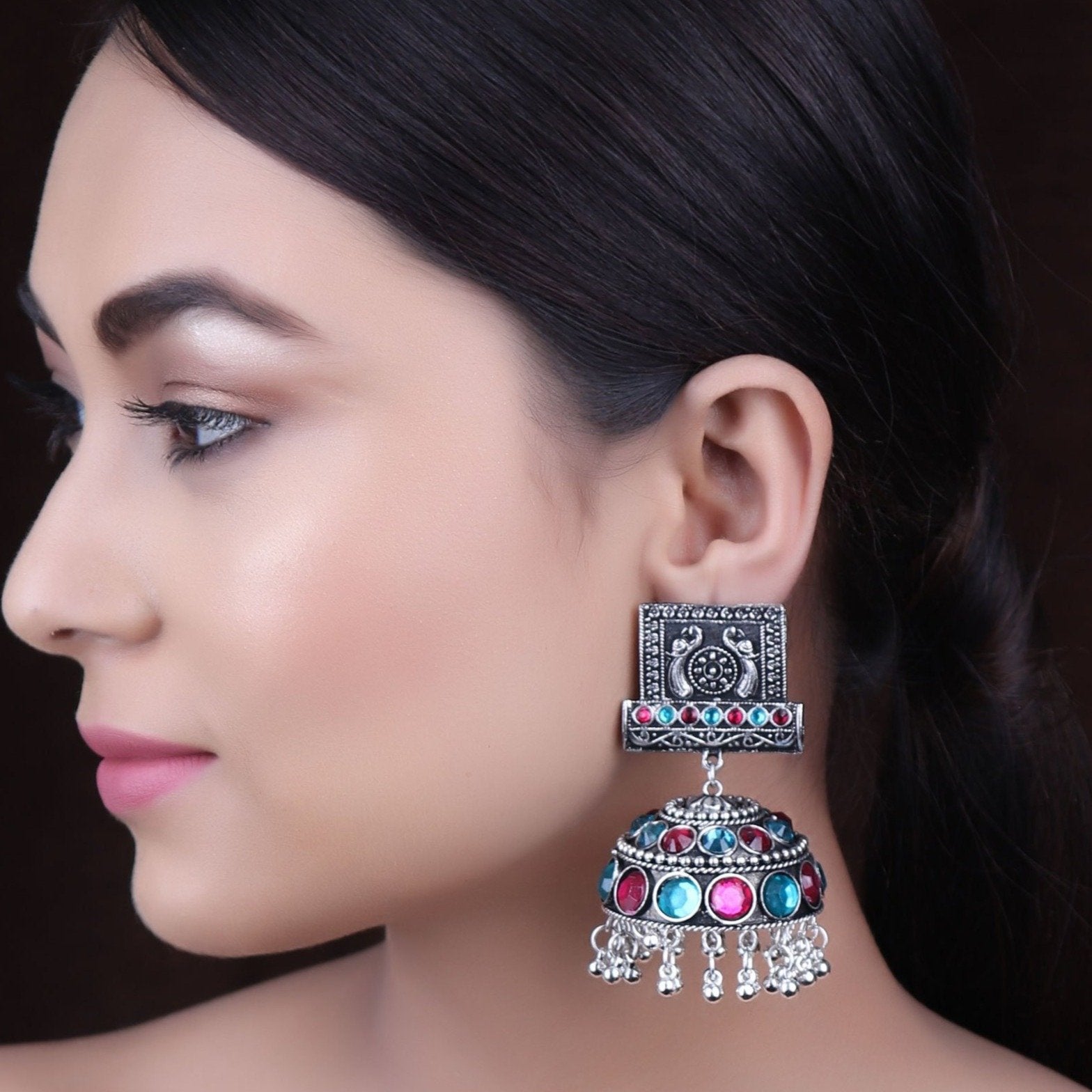 Earrings,The Farbella Jhoomer Earrings in Turquoise Blue & Magenta - Cippele Multi Store