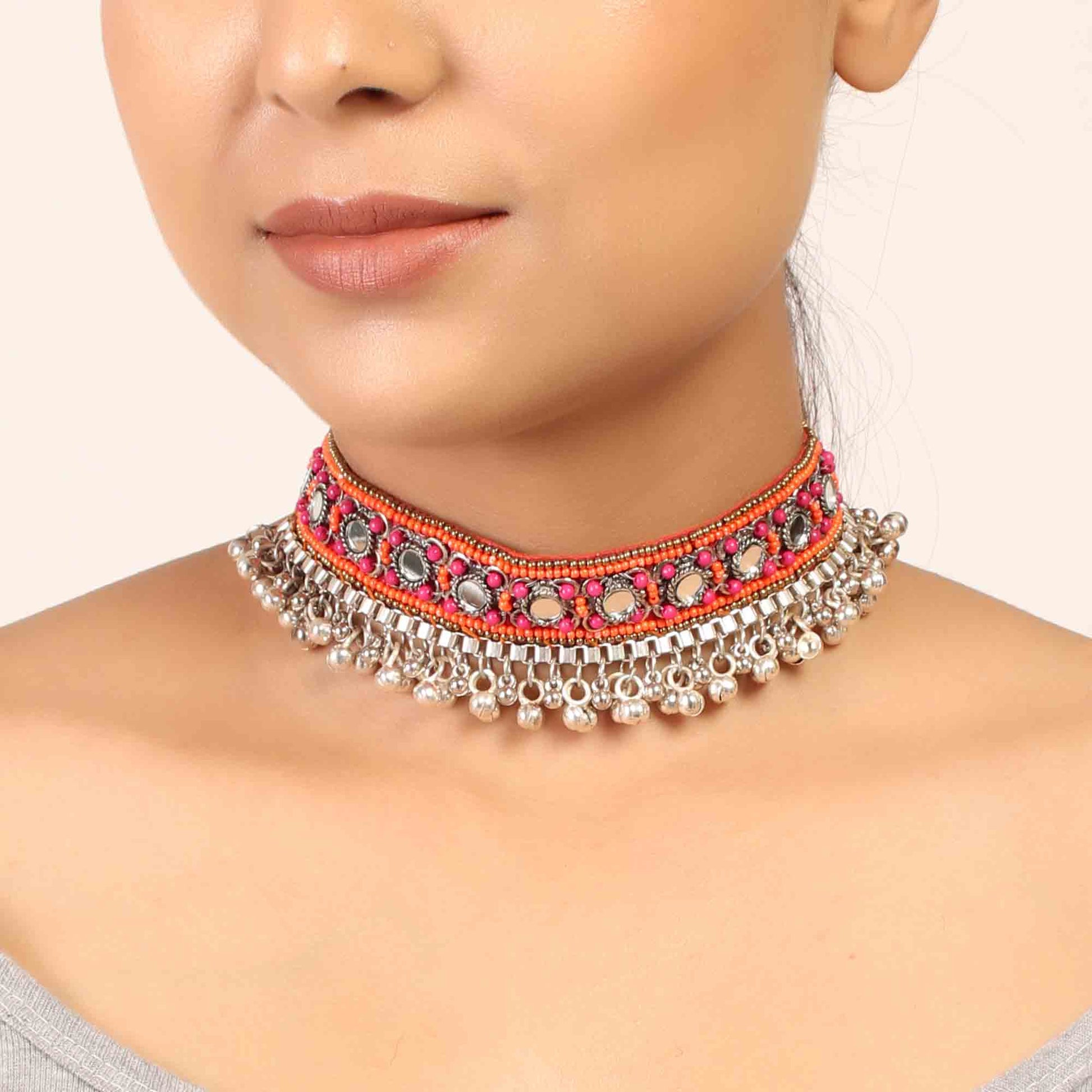 Necklace,The Splashy Pink & Orange Beaded Choker - Cippele Multi Store