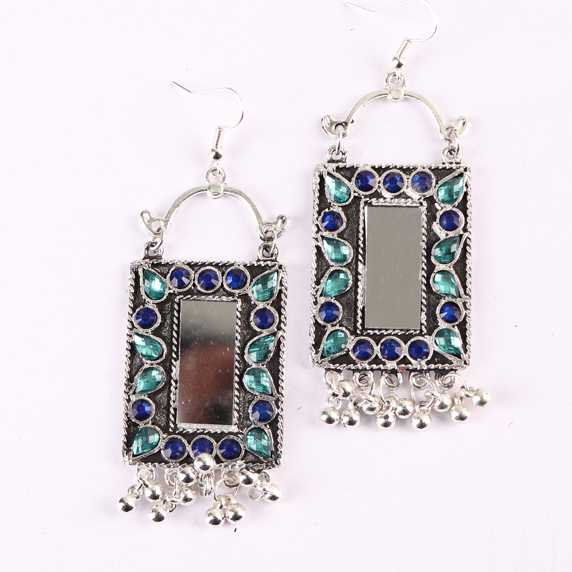 Earrings,Rectangle Mirror Earrings in Indigo Blue & Green - Cippele Multi Store