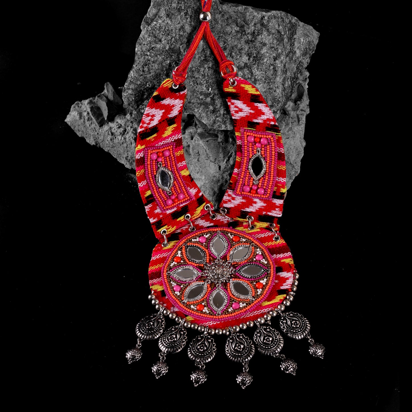 Red Mirror Ethnic Beaded Necklace