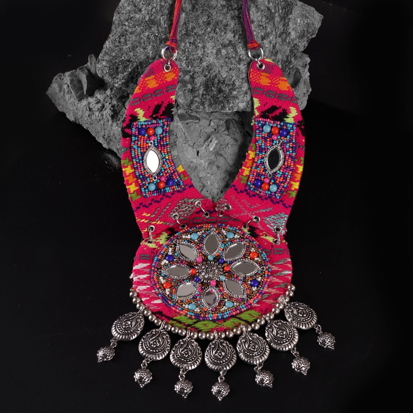 Pink Mirror Ethnic Beaded Necklace